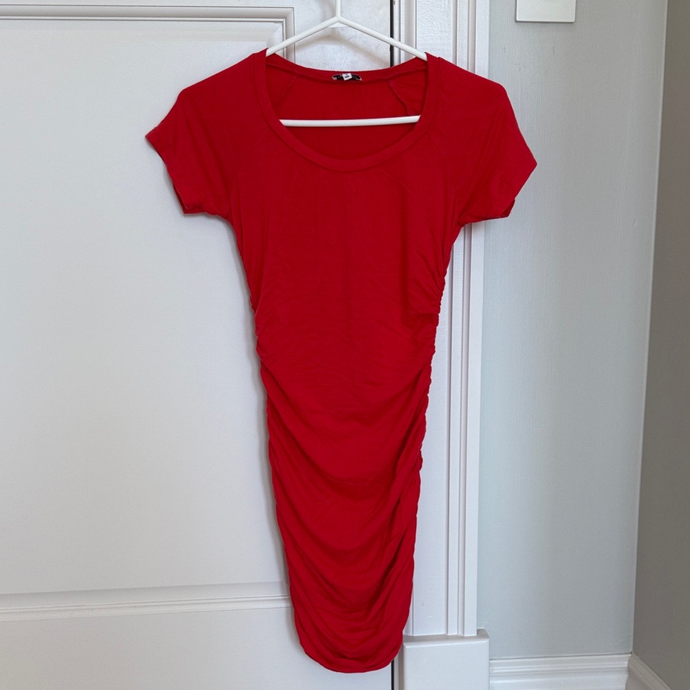 Splendid Orange Ruched Short Sleeve Bodycon Dress